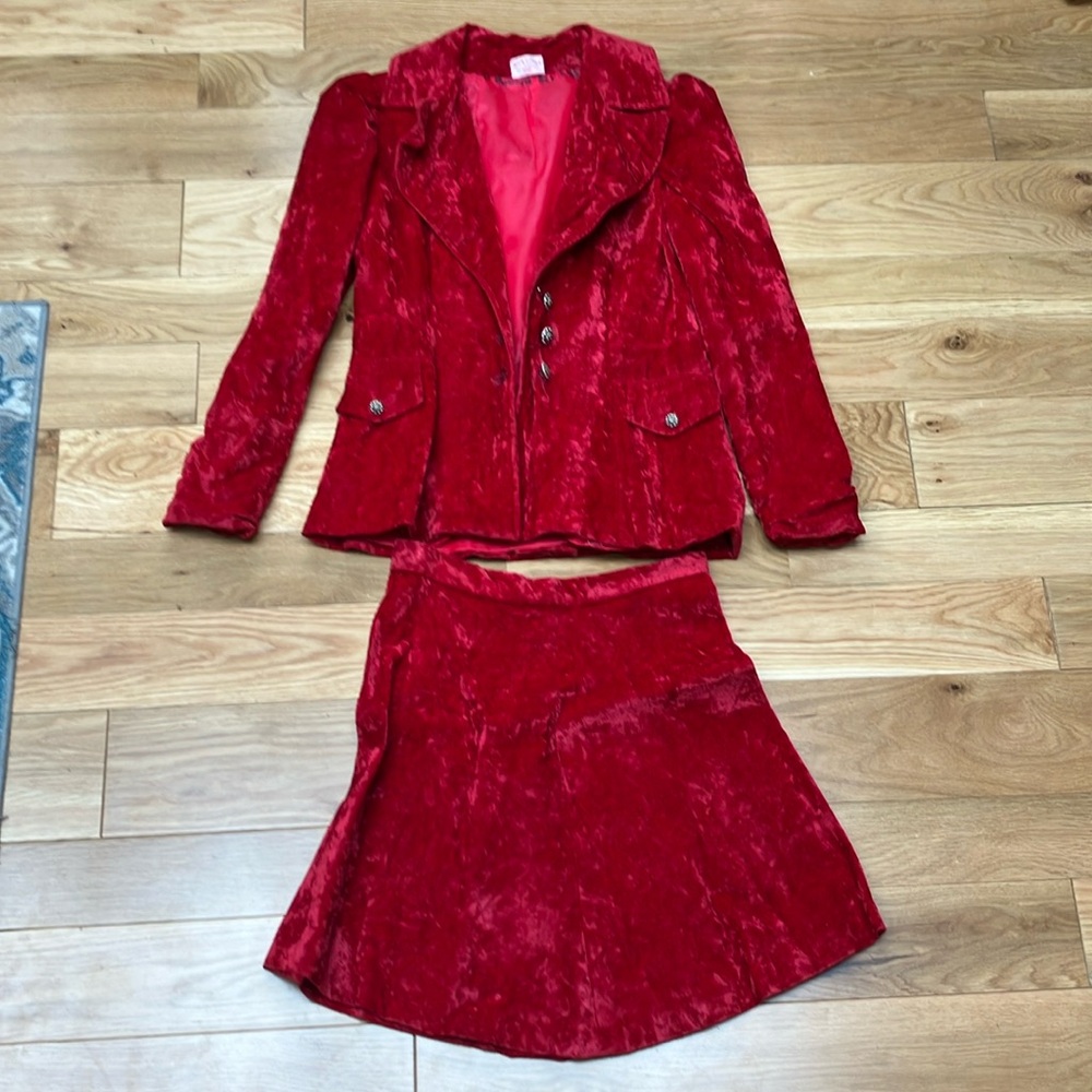 Vintage  crushed Red Velvet Blazer and Skirt Set handmade XS/S